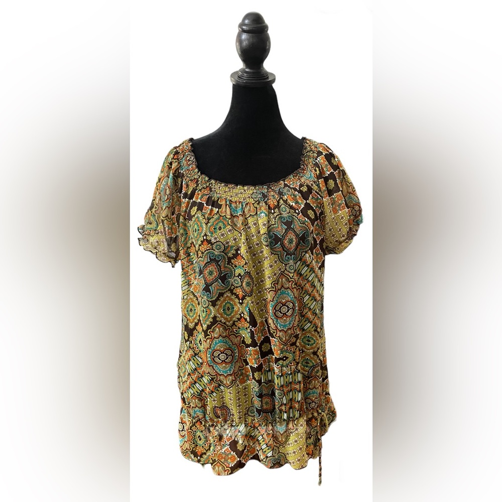 IZ Byer: Green Mixed Pattern Peasant Blouse
